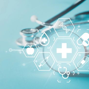 Medical technology icons overlaying a stethoscope on a blue background.