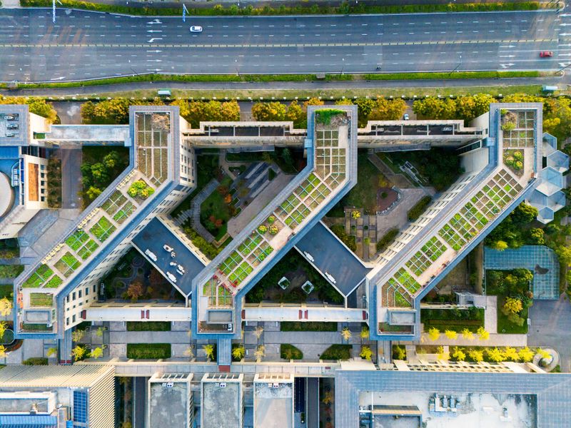 Aerial photography of green city, green roof, ecological city