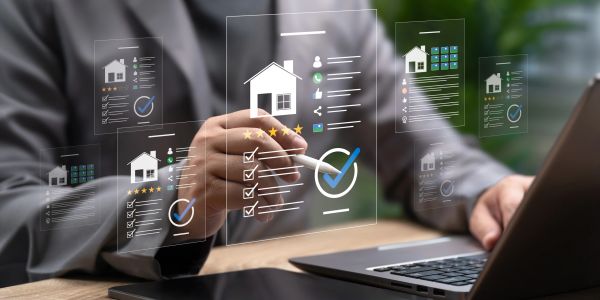 Person using virtual real estate interface on laptop.