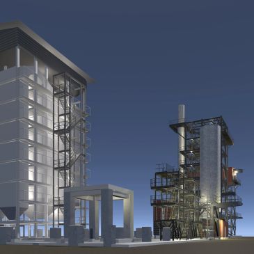 3D architectural rendering of two modern industrial buildings against a twilight sky.
