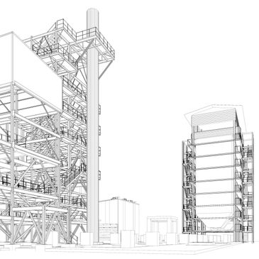 Wireframe architectural drawing of an industrial plant with multiple structures.
