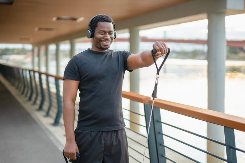 Young black man wearing headphones and a black t-shirt smiles while doing resistance-band arm exercises on a scenic urban bridge, enjoying outdoor fitness and healthy lifestyle