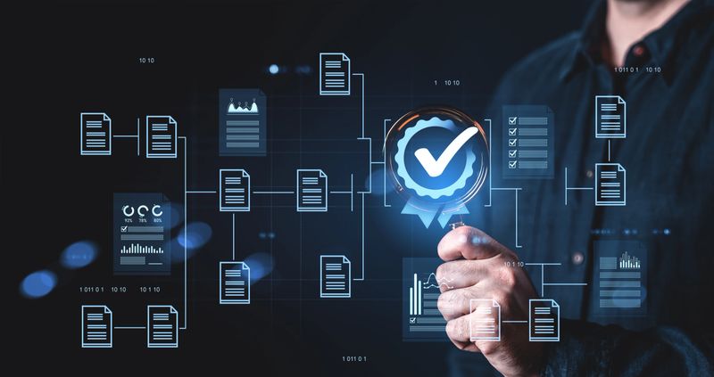Hand holding magnifier with checkmark over digital document network, futuristic interface style, dark background, concept of data verification and approval