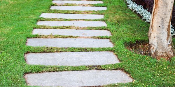 Stone pathway curving through a green lawn beside a tree and garden lights.