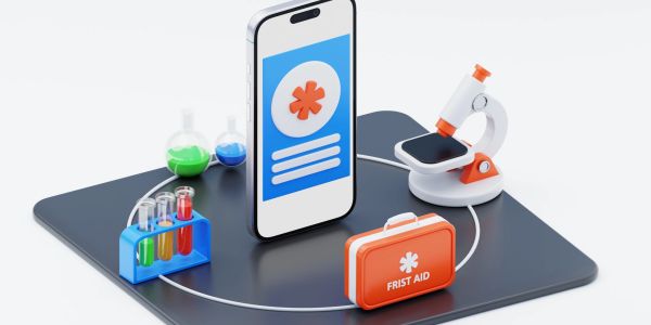 3D illustration of medical and scientific tools connected to a smartphone.