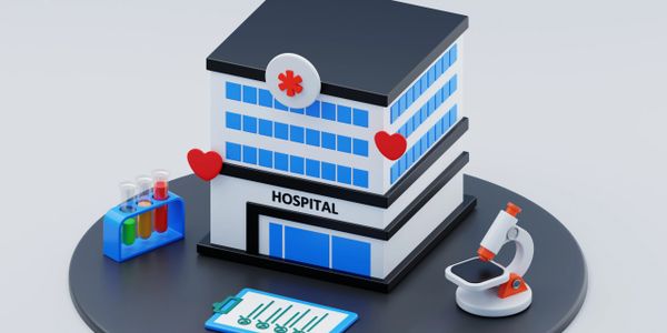 3D illustration of a hospital with medical icons like a microscope and test tubes.