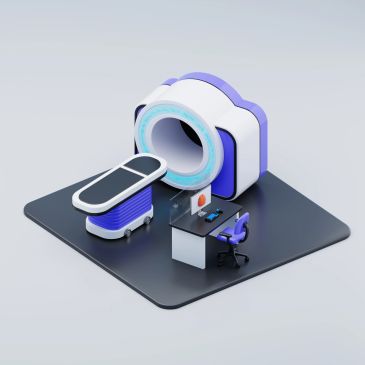 3D illustration of an MRI machine with a control desk in purple and white.