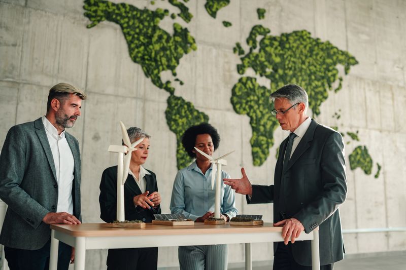 Diverse business team discussing renewable energy models, including wind turbines and solar panels, in an office with a moss world map