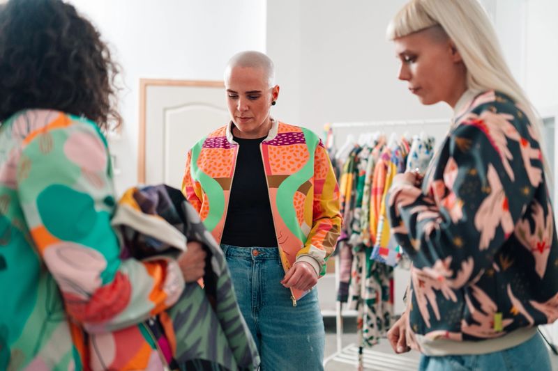 Women exploring fashion at a boutique, browsing vibrant patterned bomber jackets and modern clothing on a rack