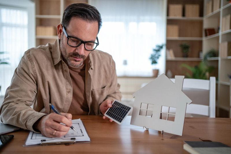 Man researching and planning a sustainable solar panel system for his home, studying blueprints and calculations to design an energy-efficient, eco-friendly residential installation