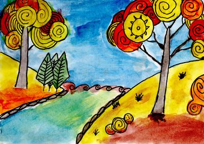 Colorful fall landscape watercolor scene.