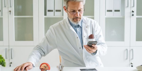 Doctor in lab coat examining brain scan on phone in medical office.