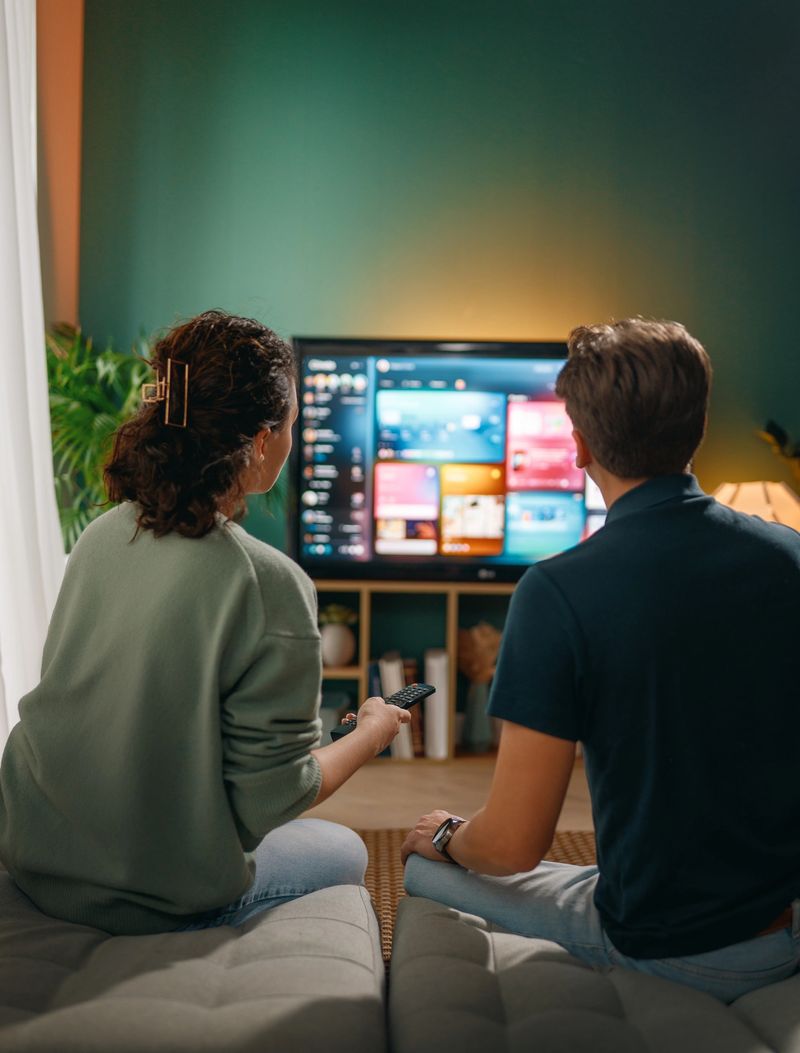 Happy family spending time together. Couple watching  TV, movies in the evening at home.