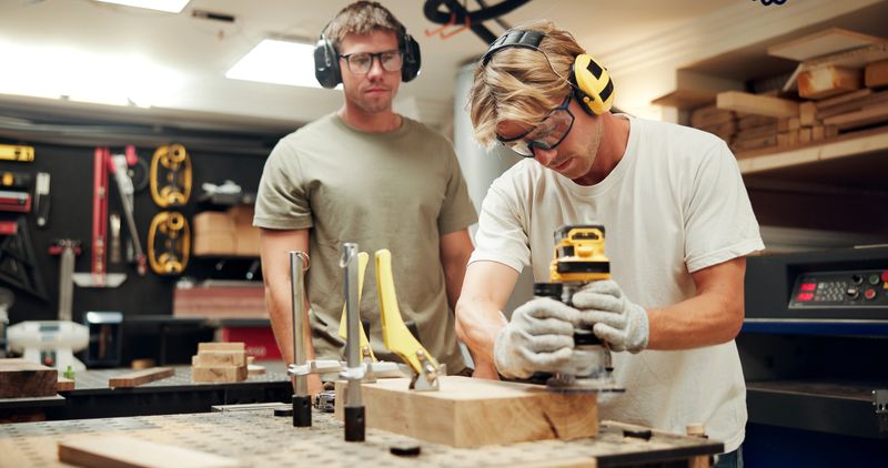 Carpenter, saw and woodworking with men in workshop for furniture, production and handyman project. Artisan, manufacturing and craftsman with people and tools in garage for wood, renovation and team