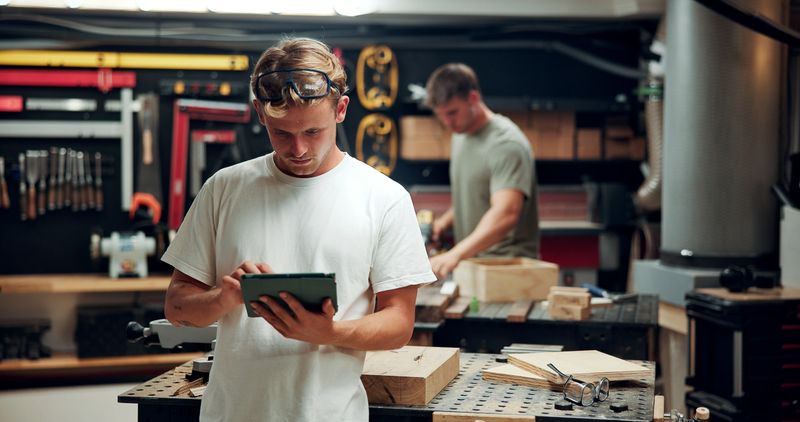 Carpenter, online and man with tablet, workshop and research for ideas on website and craftsmanship. Artisan, scroll and person with tech for inspiration, manufacturing and app with furniture design