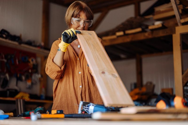Portrait of a woman at her workbench in a small woodworking business, holding a wooden board and checking its smoothness after sanding. She is focused on precision and quality, wearing casual work attire, with tools and wooden materials subtly visible in the background.
