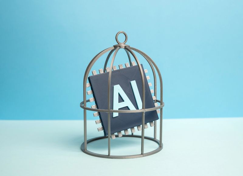An AI computer chip locked in a birdcage. Control over artificial intelligence technologies. AI safety, governance, and digital rights protection. Ethics, regulation, and restrictions in innovation
