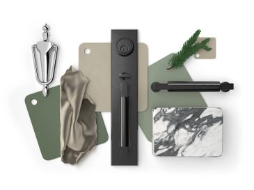 Modern hardware and material samples arranged neatly.