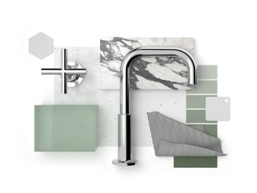 Modern faucet design with green and marble color palette.