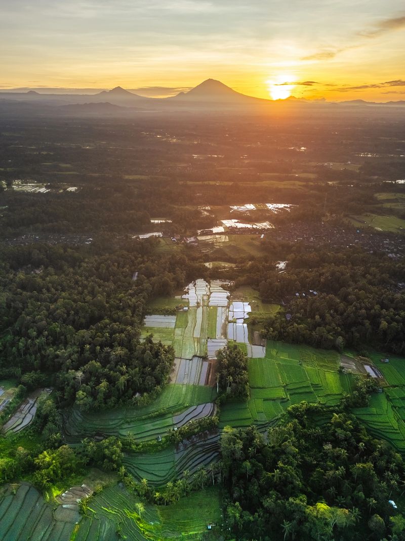 High-quality aerial view of Subak Piak rice terraces glowing at sunset with Mount Agung in the distance, ideal for travel marketing, eco-tourism themes and dramatic nature-focused visual campaigns.