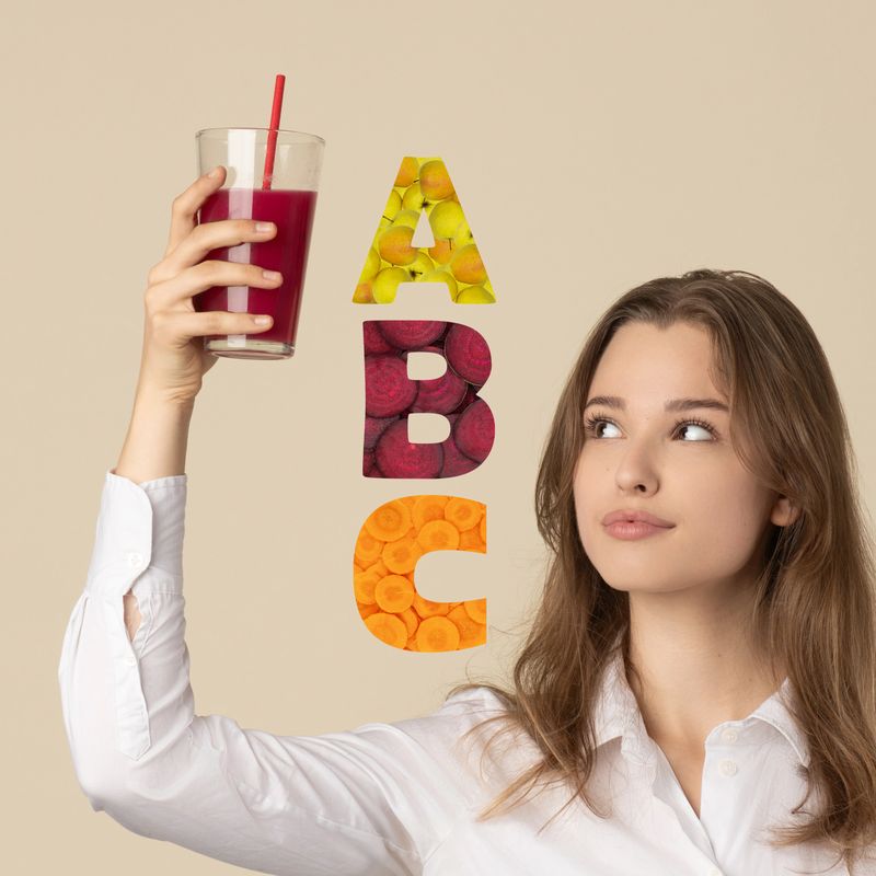 Food, ABC, health care, wellness concept. Beautiful woman holding in air glass of red juice with straw made of apple, beetroot and carrots. ABC letters made of apples, beetroots and carrots
