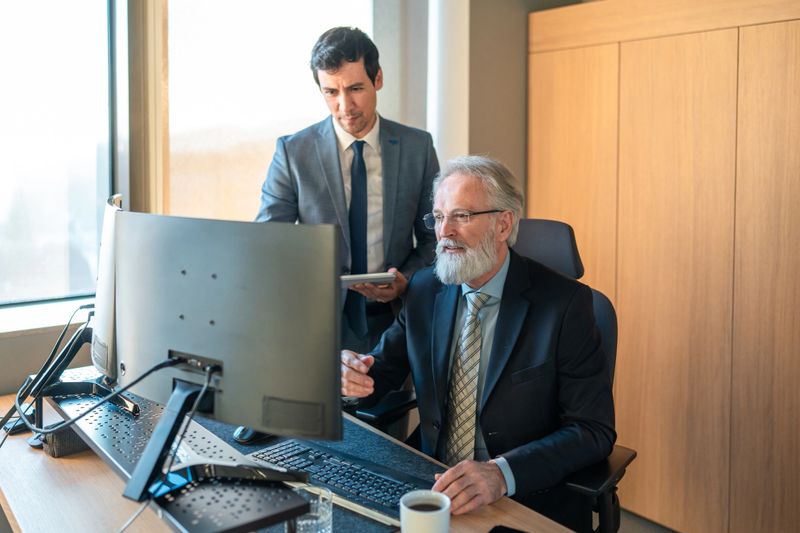 A mature Caucasian man and mid-adult Asian man collaborate on stock market analysis in a bright, modern office, both wearing professional business attire.