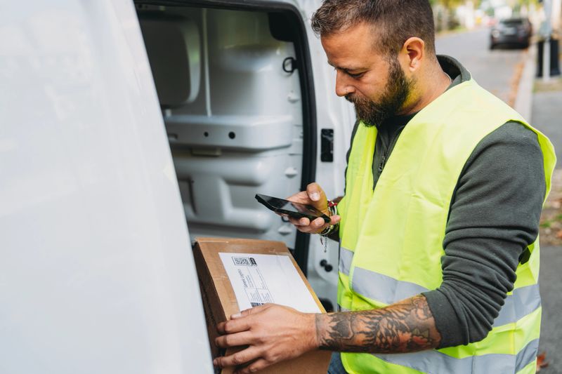 Delivery man wearing a safety vest and tattooed arms, scanning a package with a smartphone next to a delivery van