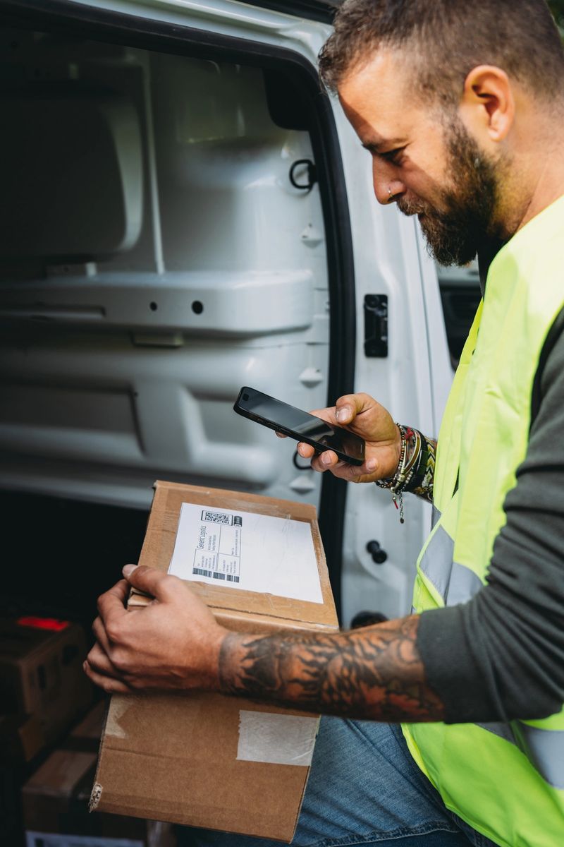 Delivery worker scanning a package label with a smartphone, tracking parcels for e-commerce logistics and shipping