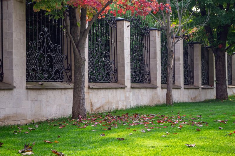 Wrought iron fence with ornate patterns, stone pillars, green grass, fallen red maple leaves. Autumn scenery near luxury estate. Real photo.