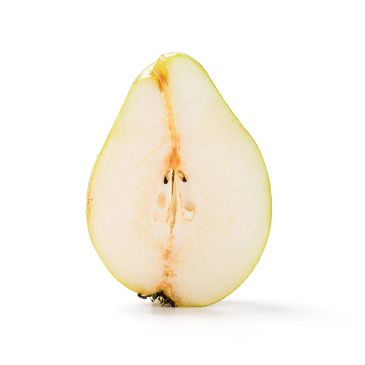 A fresh pear half with visible seeds on a white background.