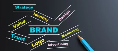 Diagram showing brand elements like strategy, identity, and marketing.