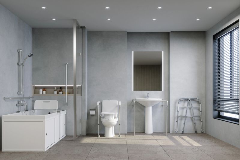 A spacious and modern accessible bathroom designed for individuals with limited mobility. The room features a walk-in bathtub with grab bars, an elevated toilet with support rails, a pedestal sink with side handles, and a mobility walker placed near the window. Soft lighting, neutral colors, and clean lines create a safe, functional, and comfortable environment.
