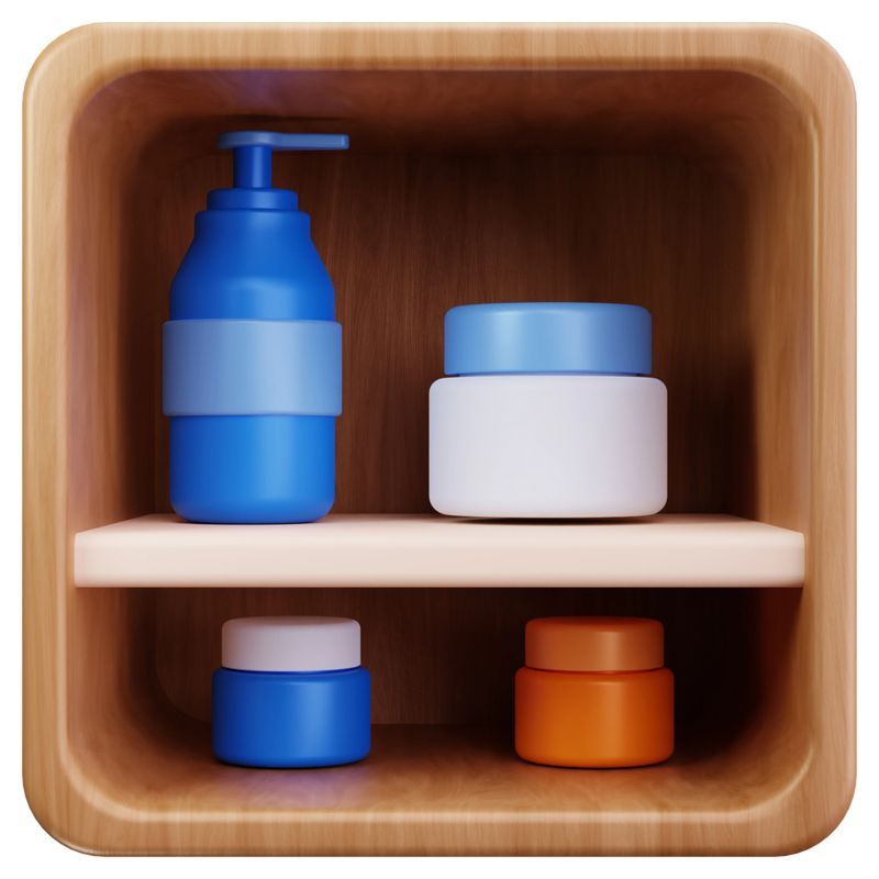 A small wooden shelf holding bathroom essentials such as bottles and containers