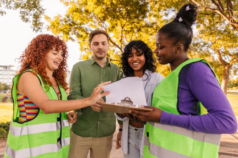 Diverse volunteers wearing high visibility vests engaging with community members, presenting a petition on a clipboard and discussing important social issues in an outdoor urban park environment