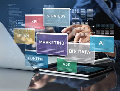 Digital marketing concepts with interactive data cubes around a tablet.