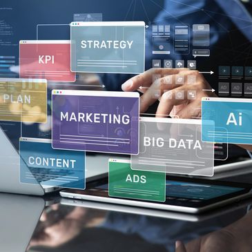 Digital marketing and data concepts displayed with a person using a tablet.