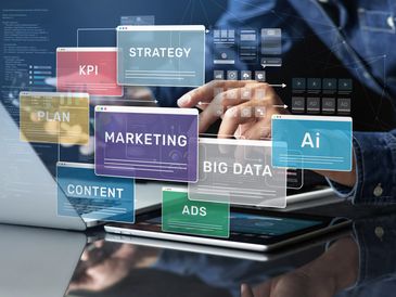 Digital marketing concepts with AI and big data overlays on a laptop.