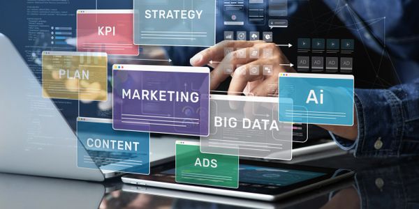 Person working on digital marketing strategy with AI and big data concepts.