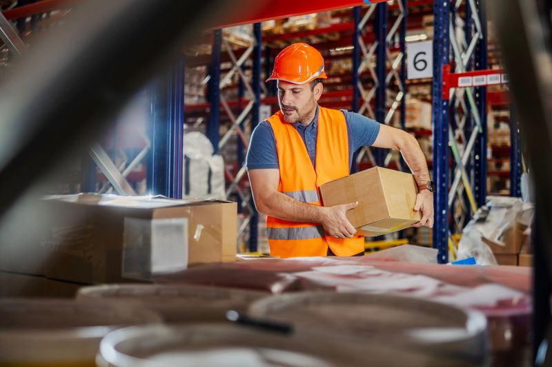 Male logistics worker wearing a hardhat and reflective vest handling a package in a large industrial warehouse