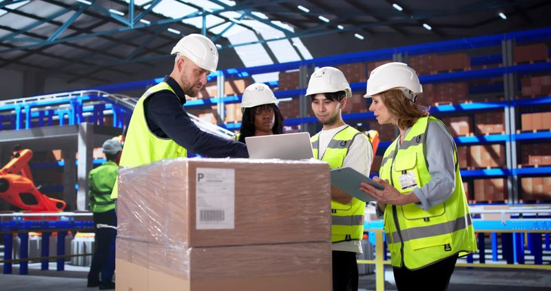 Logistic Team In Warehouse Tracks Shipments Using Tablet And Computer.
