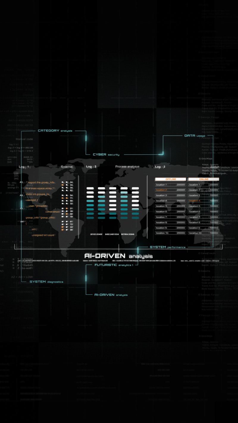 Futuristic digital dashboard showing global data visualization, system performance, AI-driven analysis, and cyber security interface. Perfect for technology, IT, and business projects.