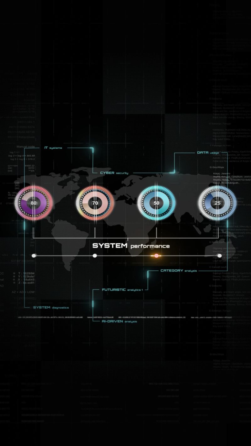 Futuristic digital dashboard showing global data visualization, system performance, AI-driven analysis, and cyber security interface. Perfect for technology, IT, and business projects.