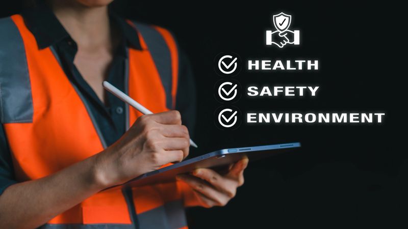 Person in safety vest using a digital tablet with HSE (Health, Safety, Environment) checklist, emphasizing workplace inspection, compliance, and safety standards.
