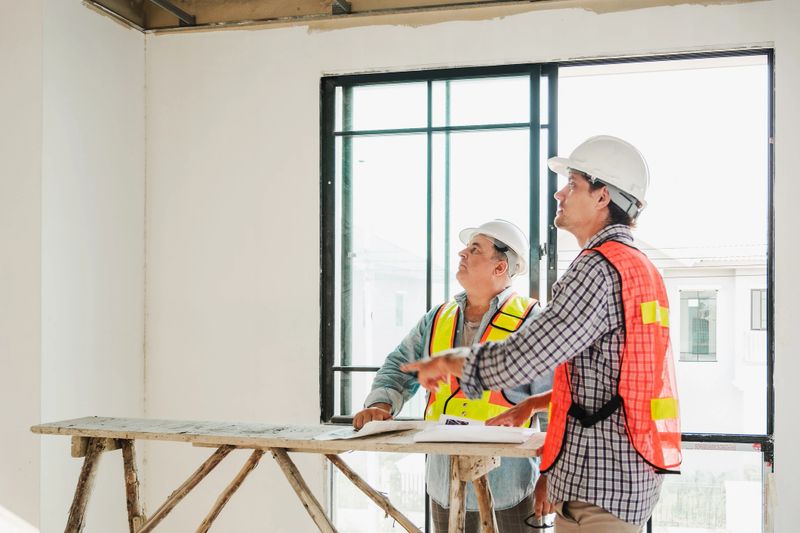 Two construction engineers wearing safety vests and helmets inspect the ceiling of a building under renovation, reviewing plans and discussing project progress near a large window in daylight.