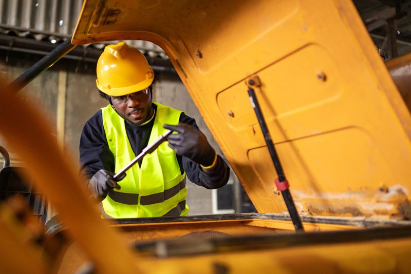 Male engineer worker working and inspecting parts quality of excavator machine in industry factory, wearing safety uniform, helmet and gloves