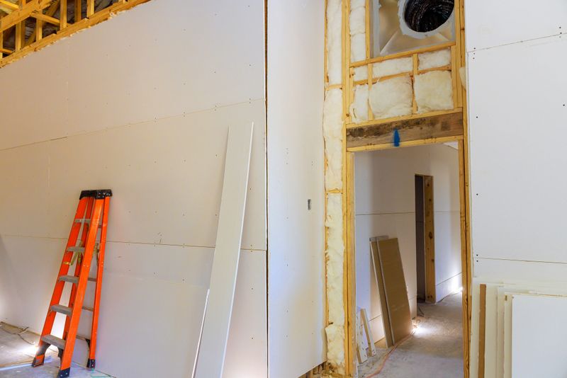 Workers install drywall in home renovation, progress construction details in interior work setting.