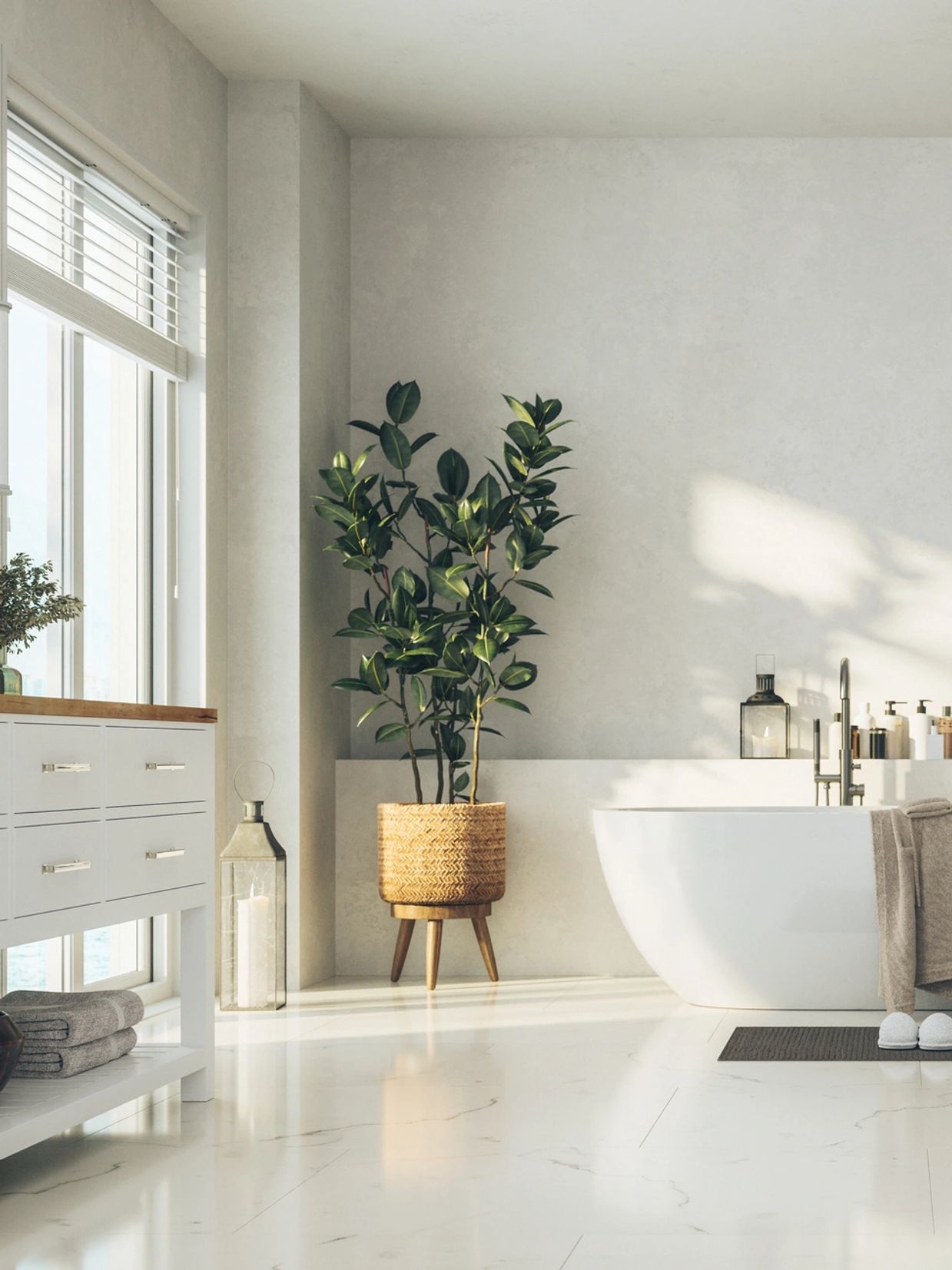 Modern bathroom with a freestanding bathtub and plants.
