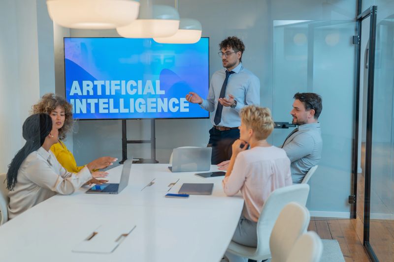 Business team discussing artificial intelligence strategies during a productive meeting in a modern office