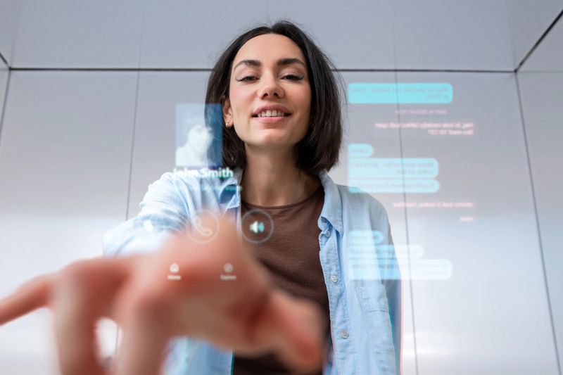 Smiling woman interacts with a futuristic transparent screen, managing messages and calls through an advanced holographic communication system.