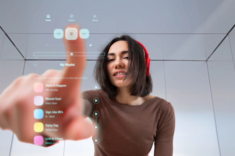 Young woman wearing headphones interacts with a holographic music playlist, demonstrating futuristic user interface technology and digital innovation.